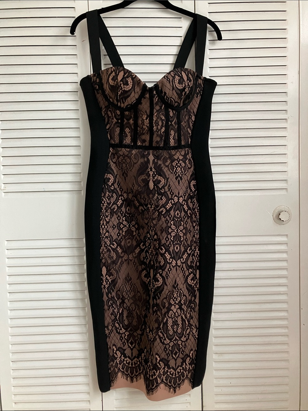 Black and Nude Lace Midi Dress with Bustier Corset Elastic Straps